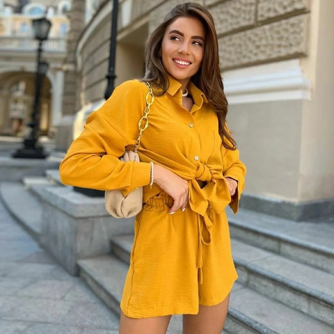 Women Casual Long Sleeve Button Down Shirt And High Waist Shorts Top And Shorts Textured Solid Color Loungewear Suit