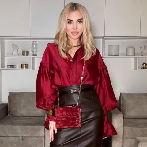 Women Elegant Satin Blouse Solid Red Lantern Long Sleeve Office Commuter Shirt Lapel Regular Fit Soft Chic Fall Tops