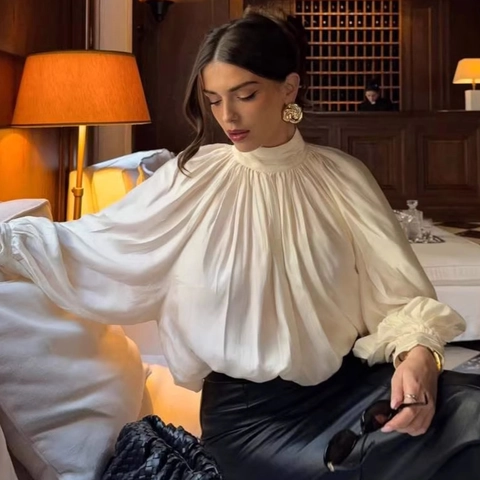 Elegante Camicetta da Donna in Raso con Pieghe e Collo a Lupetto Tinta Unita Manica a Lanterna Camicia a Maniche Lunghe Larga