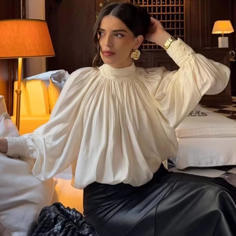 Elegante Camicetta da Donna in Raso con Pieghe e Collo a Lupetto Tinta Unita Manica a Lanterna Camicia a Maniche Lunghe Larga