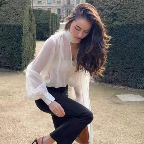 Blusa de Gasa Transparente con Cuello en V y Lazo de Estilo Francés Elegante Manga Larga de Linterna Color Sólido Camisa de Oficina Mujer