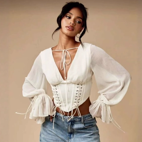Vrouwen Vintage Corset Stijl Veterblouse Sexy V-hals Uitlopende Lange Mouwen Effen Kleur Slim Fit Top Mode Shirt