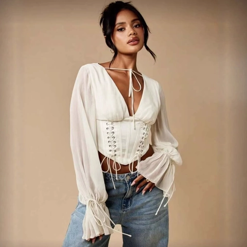Vrouwen Vintage Corset Stijl Veterblouse Sexy V-hals Uitlopende Lange Mouwen Effen Kleur Slim Fit Top Mode Shirt