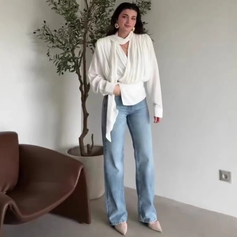 Blusa Plisada de Manga Larga con Cuello en V Elegante para Mujer con Lazo de Cinta en el Cuello Color Sólido Top Casual