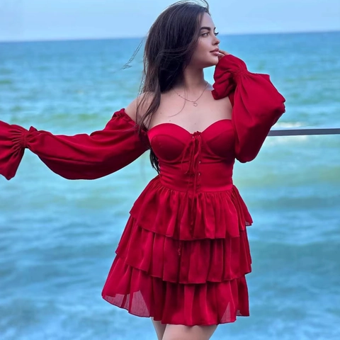 Damen Sexy Off Shoulder Stufenkleid Mit Rüschen Laternenärmel Korsett Bindegürtel Einfarbig Mini Kleid Für Urlaub Party