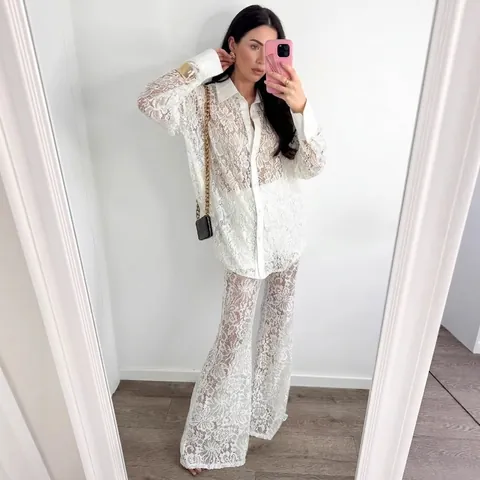 Conjunto de Encaje Floral para Mujer Camisa Calada de Manga Larga Y Pantalones de Campana de Cintura Alta Ropa de Moda de Color Sólido