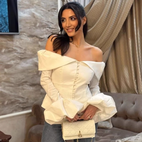 Blusa de Manga Larga Con Hombros Descubiertos para Mujer Camisa Blanca de Aspecto Satén Con Mangas de Linterna Elegante