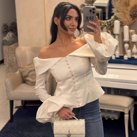 Blusa de Manga Larga Con Hombros Descubiertos para Mujer Camisa Blanca de Aspecto Satén Con Mangas de Linterna Elegante