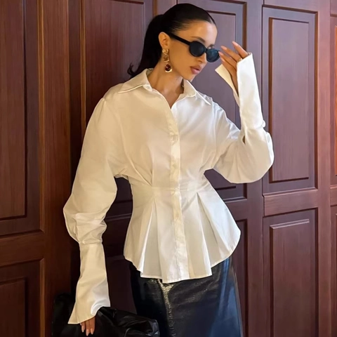 Camicia da Donna a Maniche Lunghe con Vita Plissettata Elegante Colletto a Punta Blusa da Ufficio Professionale Bianca Chic