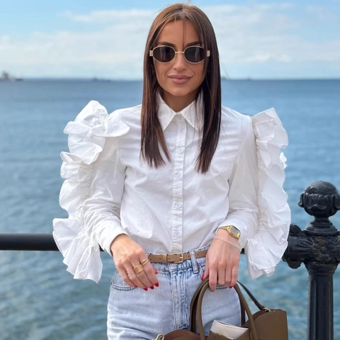 French Style Ruffle Long Sleeve Blouse For Women Elegant Solid Color Polyester Button Up Shirt Fashion Casual Tops