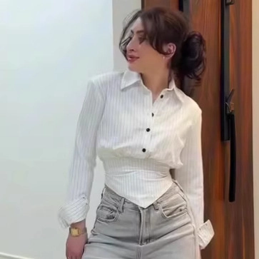 Camicetta da Donna a Righe a Maniche Lunghe con Vita a Corsetto e Orlo a Punta Camicia Casual OL Lavoro Top in Poliestere