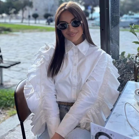 French Style Ruffle Long Sleeve Blouse For Women Elegant Solid Color Polyester Button Up Shirt Fashion Casual Tops