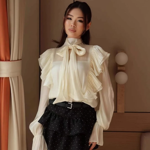 French Vintage Ruffle Bow Tie Chiffon Blouse Elegant Long Sleeve Flare Cuff Solid Apricot Shirt For Women Office Daily