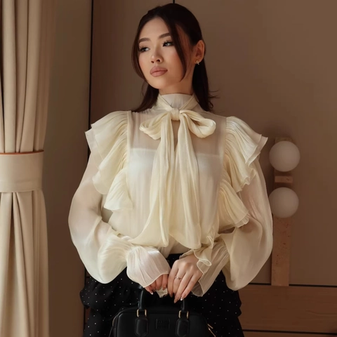 French Vintage Ruffle Bow Tie Chiffon Blouse Elegant Long Sleeve Flare Cuff Solid Apricot Shirt For Women Office Daily