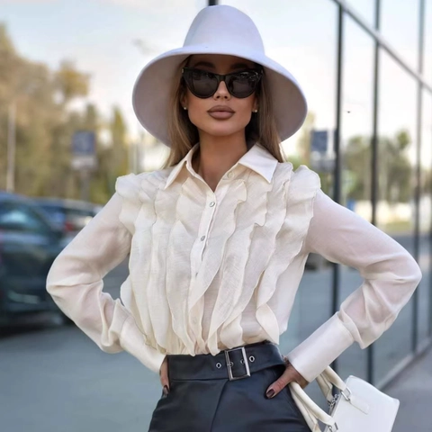 French Ruffle Long Sleeve Shirt Women Elegant Solid Apricot Blouse Urban Chic Lapel Single Breasted Top Office Wear