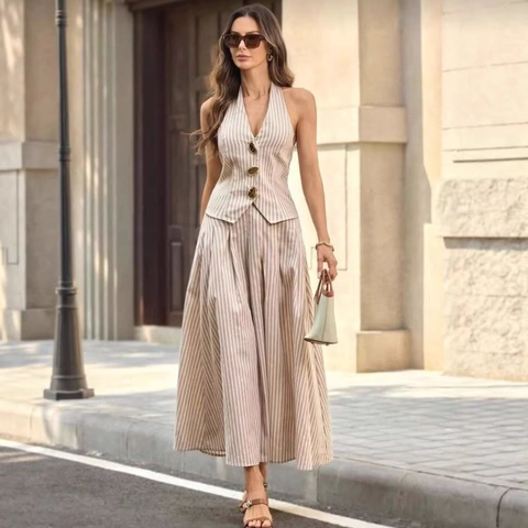 Elegante Set Due Pezzi a Righe da Donna Top Gilet Senza Maniche con Scollo all'Americana e Gonna Midi a Pieghe a Vita Alta
