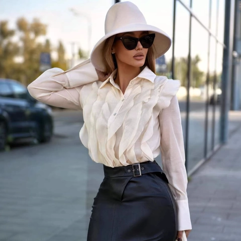 French Ruffle Long Sleeve Shirt Women Elegant Solid Apricot Blouse Urban Chic Lapel Single Breasted Top Office Wear