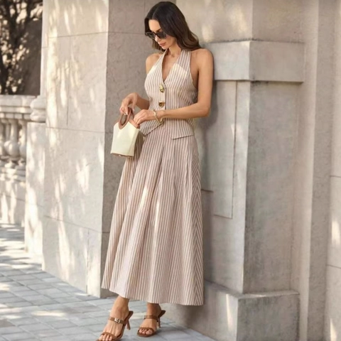 Elegante Gestreepte Tweeledige Set Voor Dames Halterhals Mouwloze Vest Top En Hoge Taille Geplooide Midi-rok Vakantie Outfit