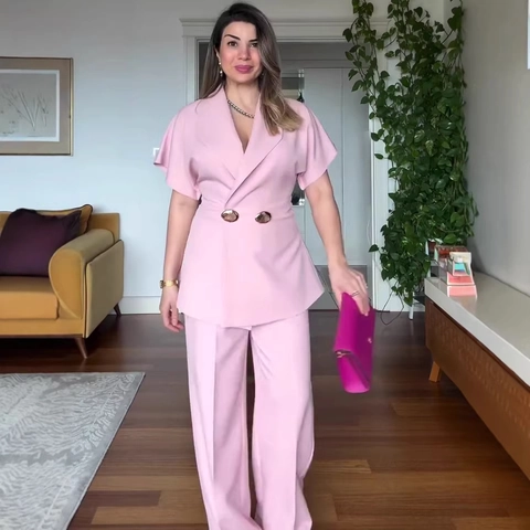 Dames Elegant Roze Pak Set Korte Mouw Double-breasted Blazer En Hoge Taille Wijde Pijpen Broek Tweedelig Kantoor Woon-werkverkeer Outfit