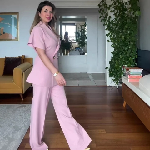 Dames Elegant Roze Pak Set Korte Mouw Double-breasted Blazer En Hoge Taille Wijde Pijpen Broek Tweedelig Kantoor Woon-werkverkeer Outfit