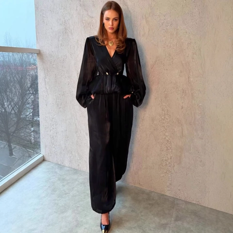 Elegante Conjunto de Dos Piezas de Satén Negro Con Cuello en V Top Peplum de Manga Larga y Pantalones de Pierna Ancha