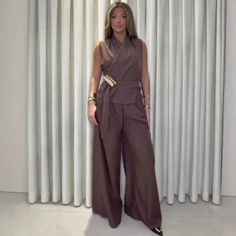 Completo Due Pezzi a Righe da Donna Scollo a V Top a Portafoglio Senza Maniche e Pantaloni a Gambα Larga Elegante Completo da Ufficio