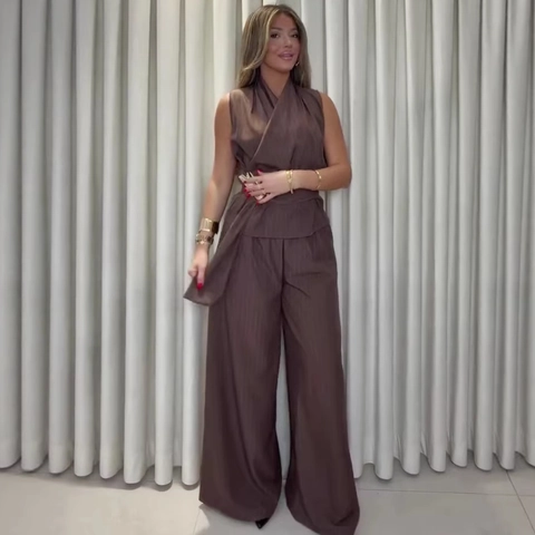 Completo Due Pezzi a Righe da Donna Scollo a V Top a Portafoglio Senza Maniche e Pantaloni a Gambα Larga Elegante Completo da Ufficio