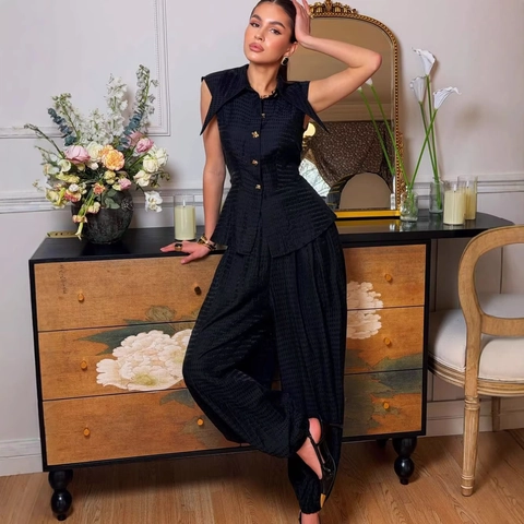Dames Elegant Zwart Mouwloos Peplum Top En Wijde Pijpen Broek Met Gouden Knoppen Jacquard Kantoor Lady Outfit
