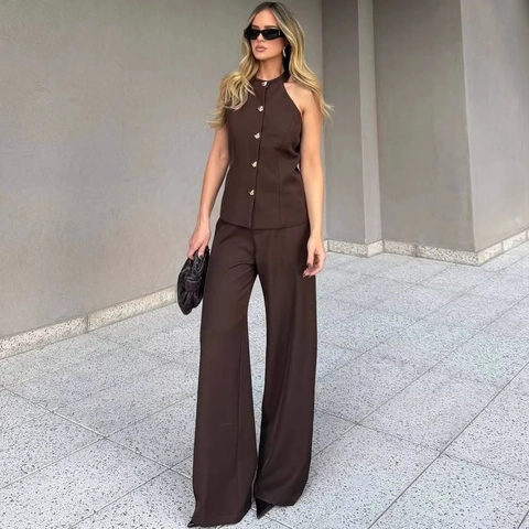 Conjunto Dos Piezas Mujer Chaleco Sin Mangas Cuello Halter Y Pantalones Pata Ancha Color Sólido Botón Frontal Ropa Oficina