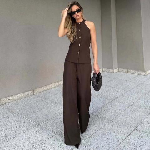 Conjunto Dos Piezas Mujer Chaleco Sin Mangas Cuello Halter Y Pantalones Pata Ancha Color Sólido Botón Frontal Ropa Oficina