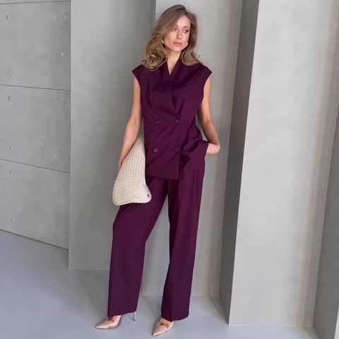 Damen Elegant Ärmellos Zweireihig Anzug Weste Und Weites Bein Hose Professionelle Büro Pendler Outfit Kombination