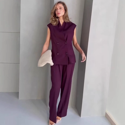 Damen Elegant Ärmellos Zweireihig Anzug Weste Und Weites Bein Hose Professionelle Büro Pendler Outfit Kombination