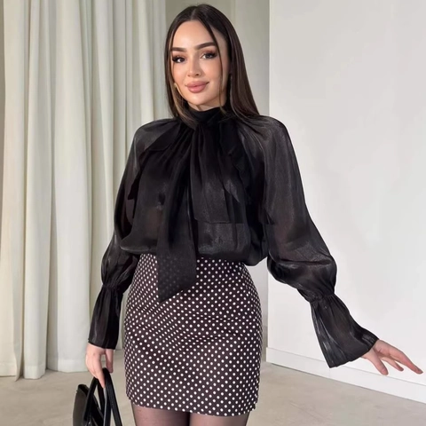 Chemisier Femme Élégant Texture Satinée avec Nœud au Col Couleur Unie Manches Lanterne Pullover Haut Décontracté