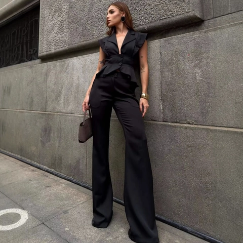 Women Sleeveless V-Neck Peplum Top And High Waist Wide Leg Pants Suit Elegant Solid Polyester Office Commute Outfit