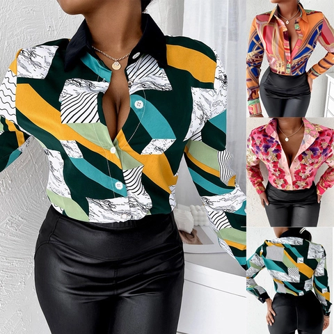 Damen Elegant Langarm Bluse Vintage Barock Kette Druck Knopf Revers Top Lässig Locker Satin Look Hemd Mode