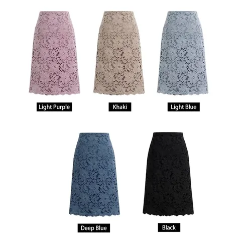 Elegante Falda Midi de Encaje Floral de Cintura Alta Mujer Ajustada Borde Festoneado Forro Algodón Falda Lápiz Fiesta