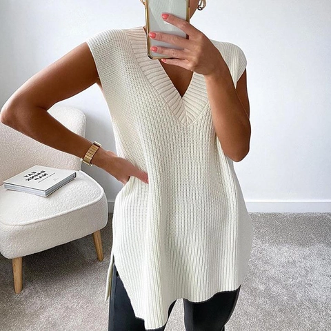 Chaleco de Punto con Cuello en V para Mujer Sin Mangas Jersey Holgado Longitud Media Abertura Lateral Casual Color Sólido Top para Otoño Invierno