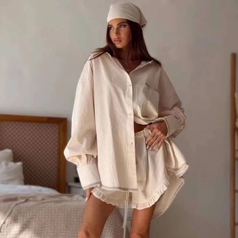 Women Casual 3-Piece Set Long Sleeve Button Up Shirt Drawstring Ruffle Shorts With Matching Headscarf Solid Color Loungewear