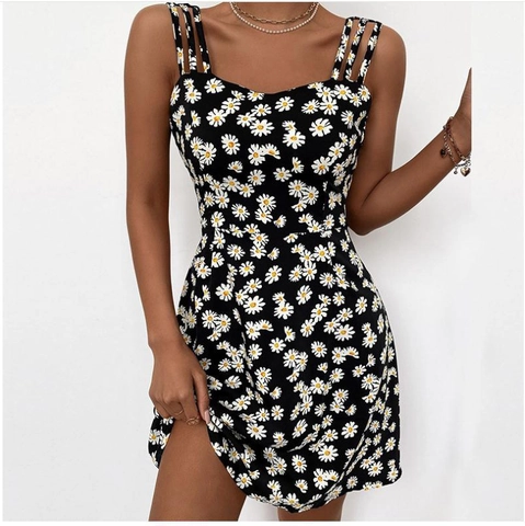 Damen Sexy Gänseblümchen Blumendruck Mehrere Dünne Träger Minikleid Ärmellos Rückenfrei Hohe Taille A-Linie Sommer Freizeitkleid