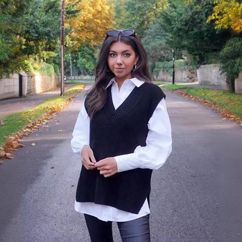 Chaleco de Punto con Cuello en V para Mujer Sin Mangas Jersey Holgado Longitud Media Abertura Lateral Casual Color Sólido Top para Otoño Invierno