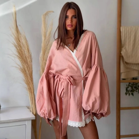 Camicetta a Portafoglio da Donna Rosa Patchwork in Pizzo con Maniche a Lanterna Scollo a V Vita Allacciata Camicia in Poliestere