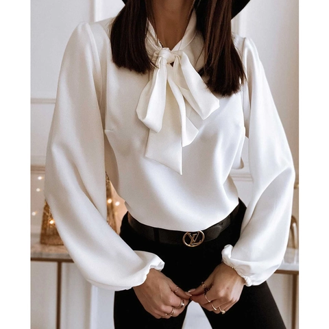 Women Elegant Tie Neck Bow Blouse Lantern Long Sleeve Professional Office Solid Color Satin Texture Polyester Cotton Shirt