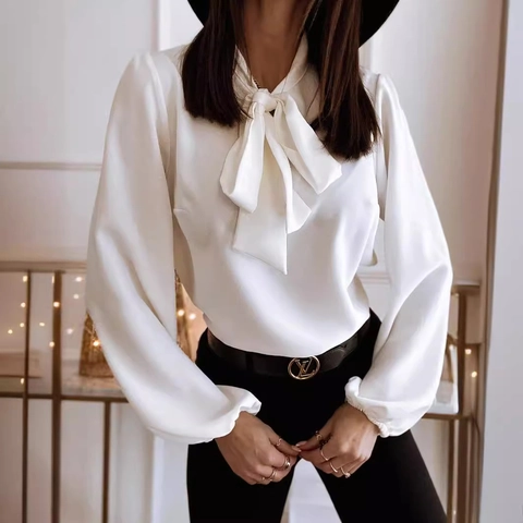 Women Elegant Tie Neck Bow Blouse Lantern Long Sleeve Professional Office Solid Color Satin Texture Polyester Cotton Shirt