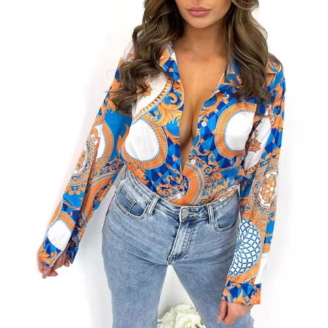 Women's Baroque Print Satin Blouse Long Sleeve Button Down Lapel Shirt Urban Vintage Commuter Top