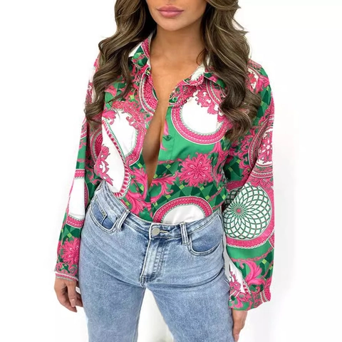 Women's Baroque Print Satin Blouse Long Sleeve Button Down Lapel Shirt Urban Vintage Commuter Top