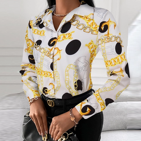 Elegante Blusa de Manga Larga con Estampado Barroco Cadena Corona Estampado de Leopardo Camisa con Botones para Mujer Tops de Oficina Vintage