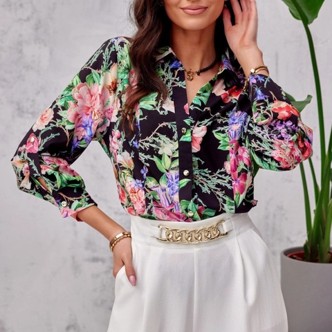 Elegant Floral Print Long Sleeve Shirt Women Fashion Casual Button Down Blouse Spring Autumn Loose Commute Tops