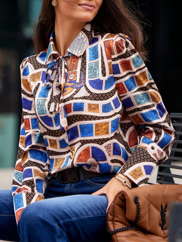 Blouse Femme Imprimé Géométrique Rétro Élégant Col Noué Nœud Papillon Chemise Manches Longues Large Décontracté Haut Pull Vêtement Bureau
