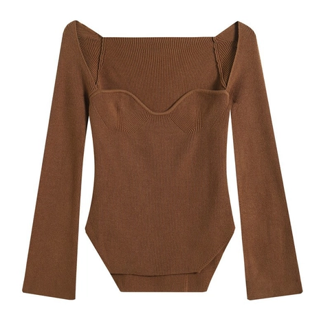 Suéter de Punto de Canalé para Mujer Escote de Corazón Ajuste Delgado Manga Larga Dobladillo Asimétrico Jersey de Algodón Elegante