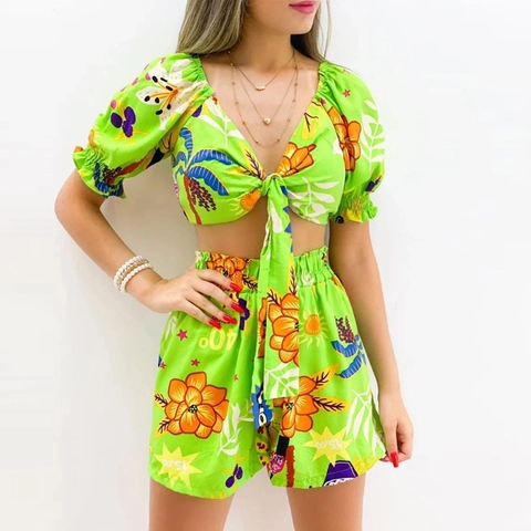 Top E Pantaloncini Da Donna Con Stampa Tropicale Completo Per Vacanze Estive Scollo A V Manica A Sbuffo Crop Top Pantaloncini A Vita Alta